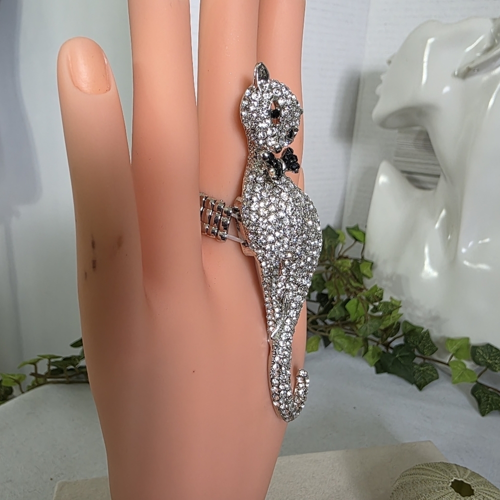 Wow! Beautiful Vintage Large Silver Cat Pave Stretch Ring - Picture 7 of 8